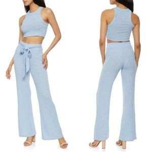 Periwinkle blue knit crop top and flare pants set